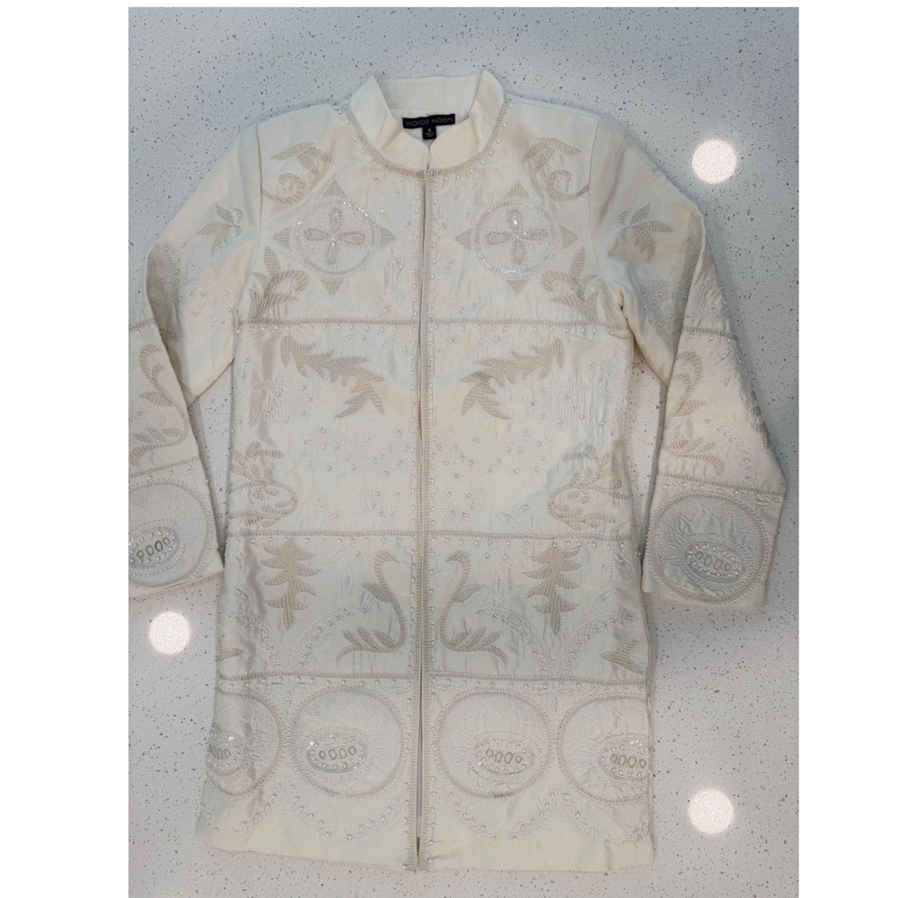 Rare Vintage Indigo Moon Embroidered Beaded Jacket S Cream Boho Chic Elegant